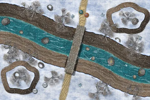 Battle map of a frozen stream deep in a snowy ravine, crossed by a stone bridge, with bare trees