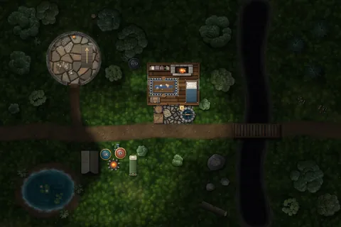 Battle map of a ruin in a forest at dusk, with a tower whose stairs lead up to a second level