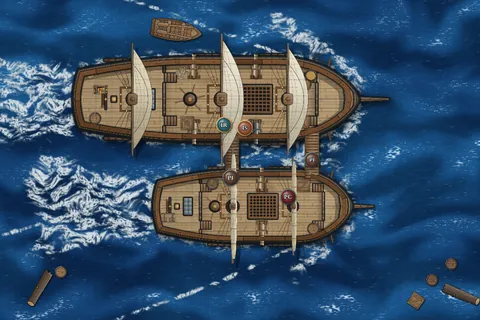 A battle map drawn in Runekeeper: a pirate brig alongside a galleon at sea, with boarding planks between the decks and tokens on board
